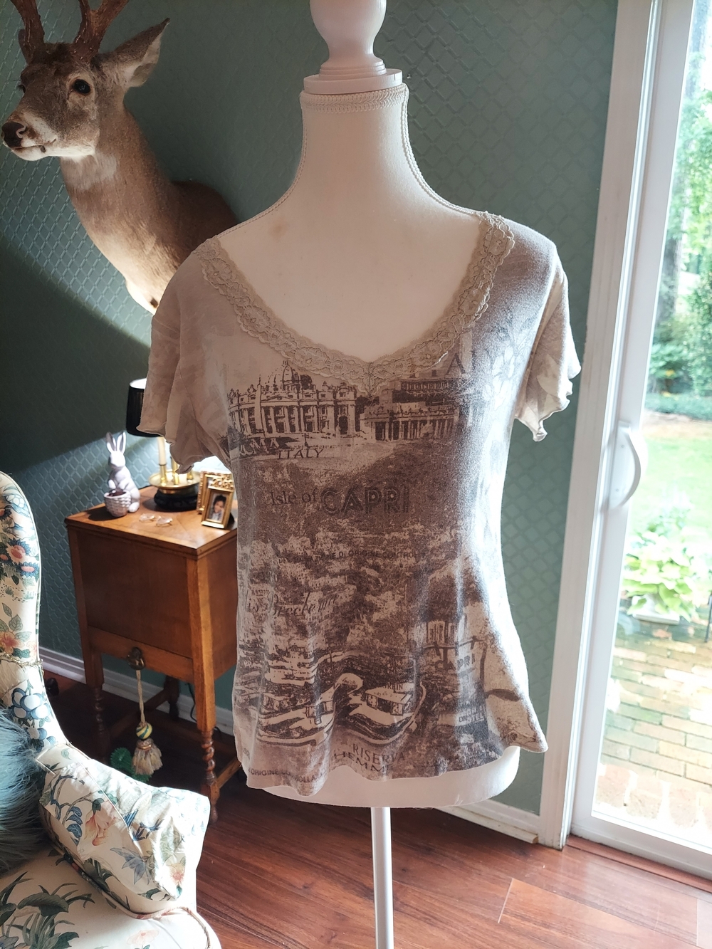 Womens Short Sleeve Graphic V-Neck Tee in Beige